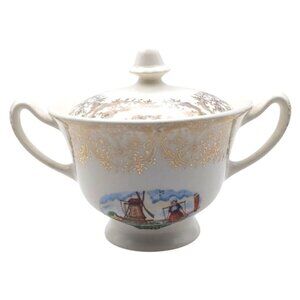 Vintage Dutch Girl White Porcelain Lidded Sugar Bowl W/ Handles Gold Filigree